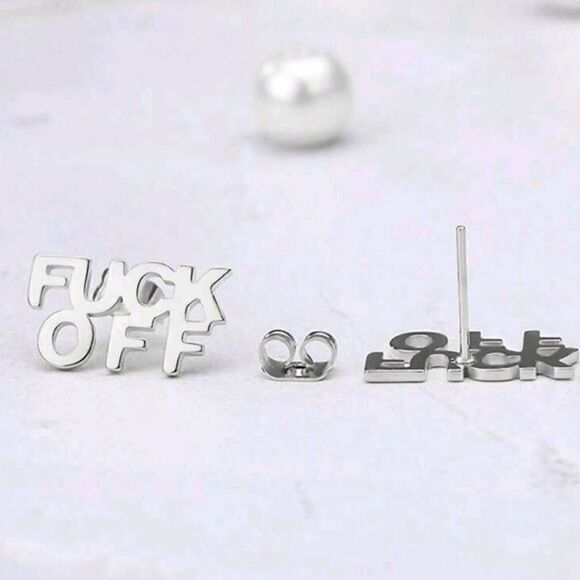 New, Punk Style Silver F**K O** Fashion Letter Stud Earrings - Picture 2 of 4